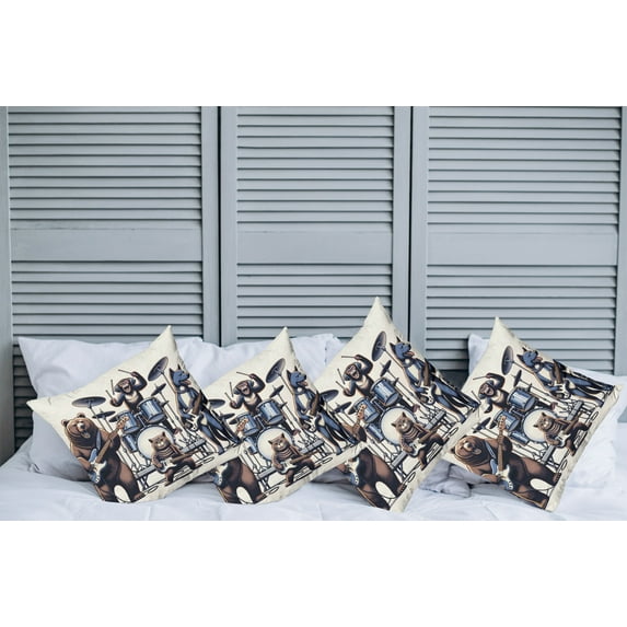 Ambesonne Musician Animals Throw Pillow Cover Pack of 4, Wolf Bear Monkey, 4 Pcs-36"x36", Lavender Blue Brown White