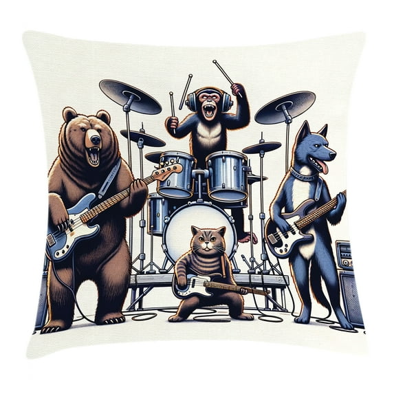 Ambesonne Musician Animals Throw Pillow Cushion Cover, Wolf Bear Monkey, 20" X 20", Lavender Blue Brown White