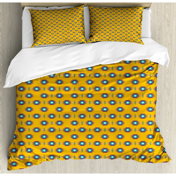 Ambesonne Mustard Duvet Cover Set, Ethnic Tribal Illustration, 2-Calking, Orange and Multicolor