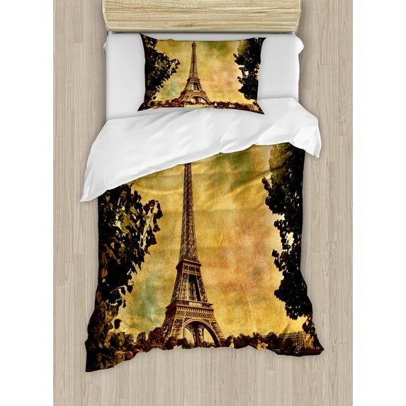 Ambesonne Mustard Duvet Cover Sets, Eiffel Tower Tree, 2-Twin, Brown Mustard
