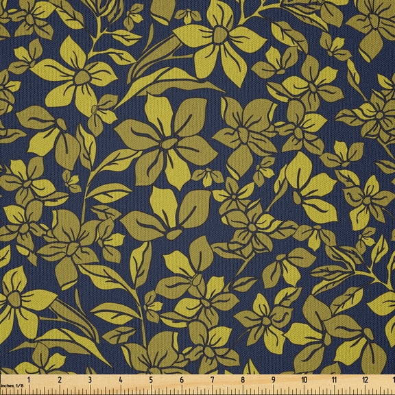 Ambesonne Mustard Fabric by the Yard Microfiber, Floral Composition, 1 Yard, Khaki Indigo