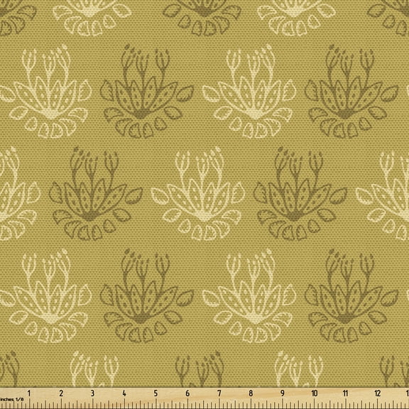 Ambesonne Mustard Fabric by the Yard Upholstery, Retro Flowering Blossoms, 2 Yards, Pale Earth Yellow and Fawn