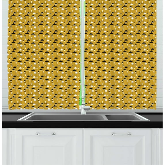 Ambesonne Mustard Kitchen Curtains, Ceiling Lamp Retro Drawings, 55"x45", Dark Yellow Charcoal Grey