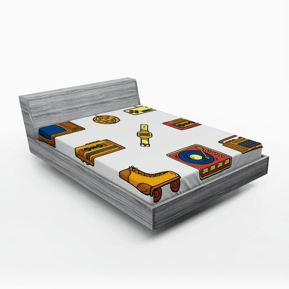 Ambesonne Mustard Navy Fitted Sheet, Cartoon Nostalgic, Full Size, Mustard Navy