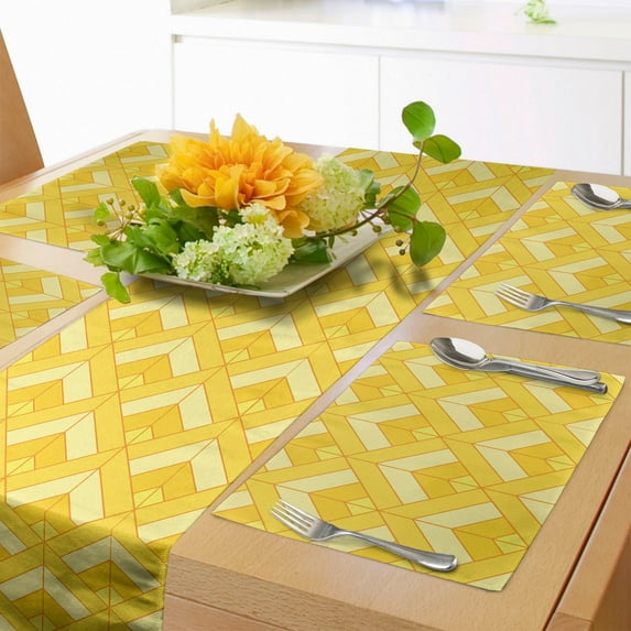 Ambesonne Mustard Table Runner & Placemats, Abstract Nested Rhombuses, Placemat 4 pcs + Runner 12"x90", Mustard Pastel Yellow