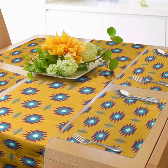 Ambesonne Mustard Table Runner & Placemats, Ethnic Tribal Illustration, Placemat 4 pcs + Runner 14"x72", Orange and Multicolor