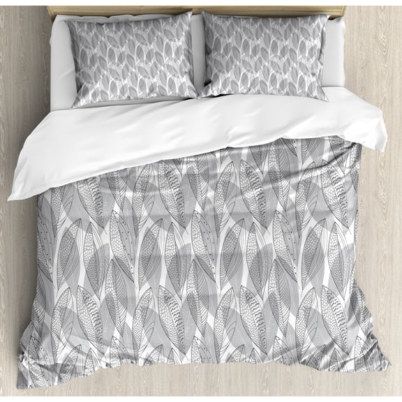 Ambesonne Muted Colors Duvet Cover Sets, Greyscale Leaves Art, 2-King, Dark Grey and Pale Taupe