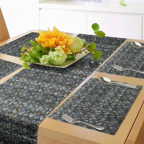Ambesonne Muted Colors Table Runner & Placemats, Mosaic Art Triangles, Placemat 4 pcs + Runner 14"x90", Dimgray and Multicolor