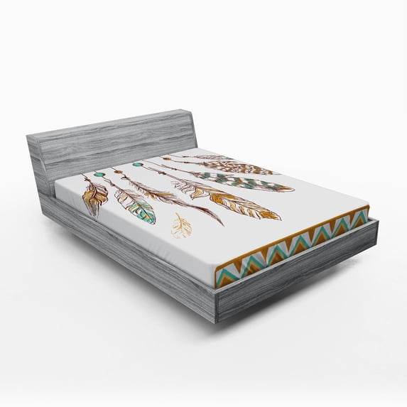 Ambesonne Mystic Fitted Sheet, Boho Style Feather Old, Full Size, Brown and Mint
