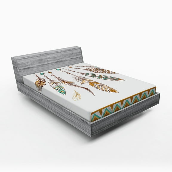 Ambesonne Mystic Fitted Sheet, Boho Style Feather Old, Full Size, Brown and Mint