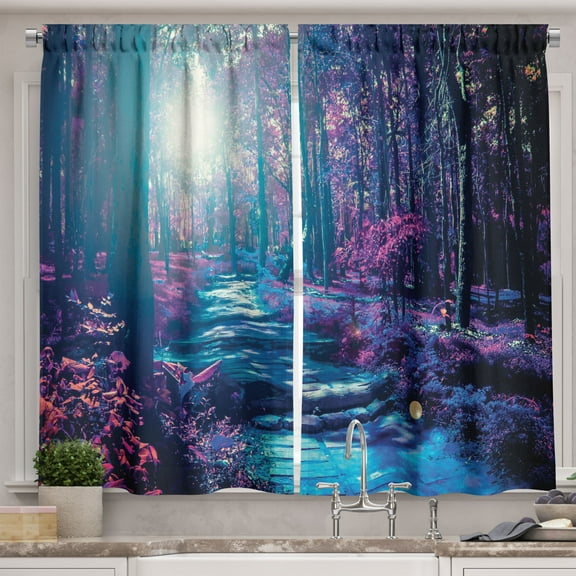 Ambesonne Mystic Forest Kitchen Curtains, Scenery of the Woods, 55"x45", Multicolor