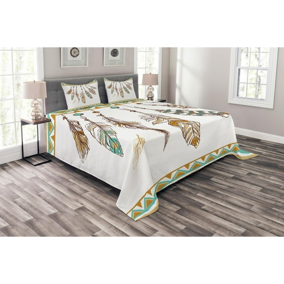 Ambesonne Mystic Quilted Bedspread Set 3 Pcs, Boho Style Feather Old, King Size, Brown and Mint