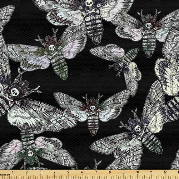 Ambesonne Mystical Fabric by the Yard Upholstery, Skulls Pattern Moth Art, 3 Yards, Reseda Green Dark Grey