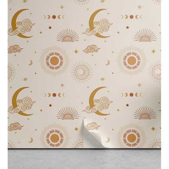 Ambesonne Mystical Peel & Stick Wallpaper for Home, Minimalist Moon Stars Art, 13"x72", Pastel Brown and Pale Camel