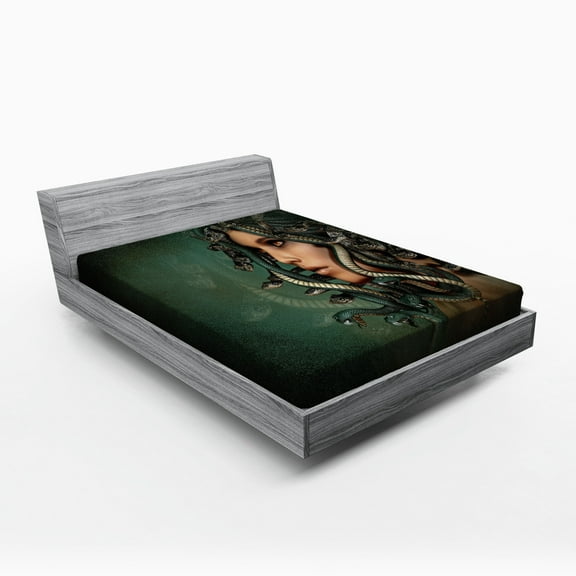 Ambesonne Myth Fitted Sheet, Woman Snakes, Queen Size, Green and Tan