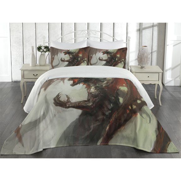 Ambesonne Myth Quilted Coverlet 3 Pcs, Creature Dragon, Queen Size, Grey Red