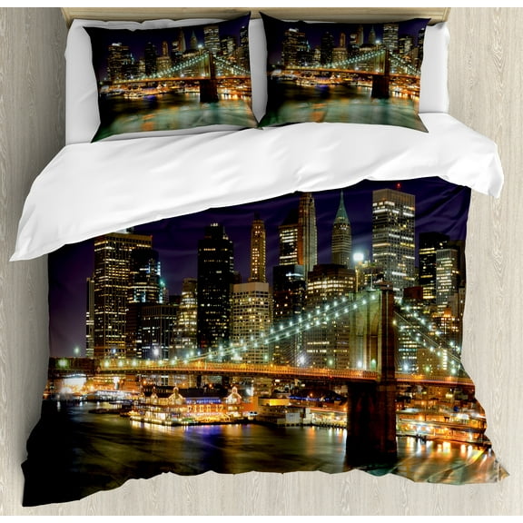 Ambesonne NYC Scene Duvet Cover Sets, Nighttime Picturesque, 2-King, Dark Purple Multicolor