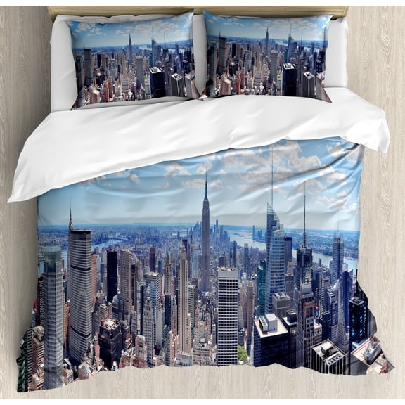 Ambesonne NYC Scene Duvet Cover Sets, Skyscrapers Aerial View, 2-King, Pale Sky Blue Multicolor