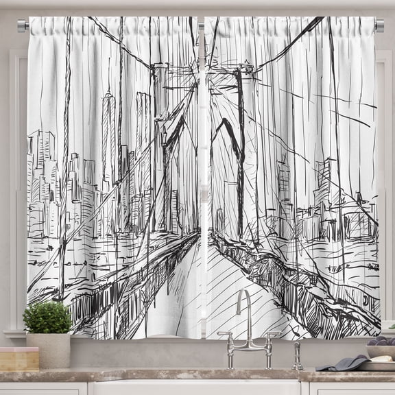 Ambesonne NYC Scene Kitchen Curtains, Creative Bridge Drawing, 55"x45", Charcoal Grey White