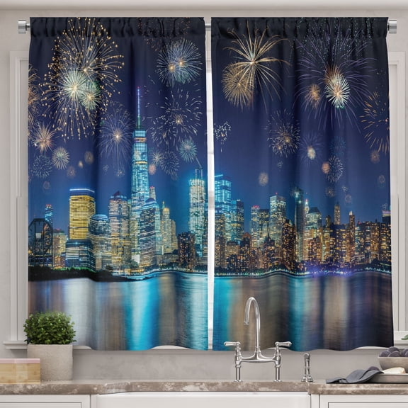 Ambesonne NYC Scene Kitchen Curtains, New Year Night Fireworks, 55"x36", Multicolor