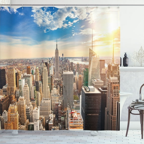 Ambesonne NYC Scene Shower Curtain, Sunset Urban Aerial Photo, 69"Wx75"L, Cobalt Blue Multicolor