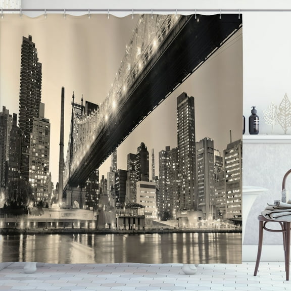 Ambesonne NYC Scene Shower Curtain, Vintage Queensboro Bridge, 69"Wx84"L, Grey Mustard