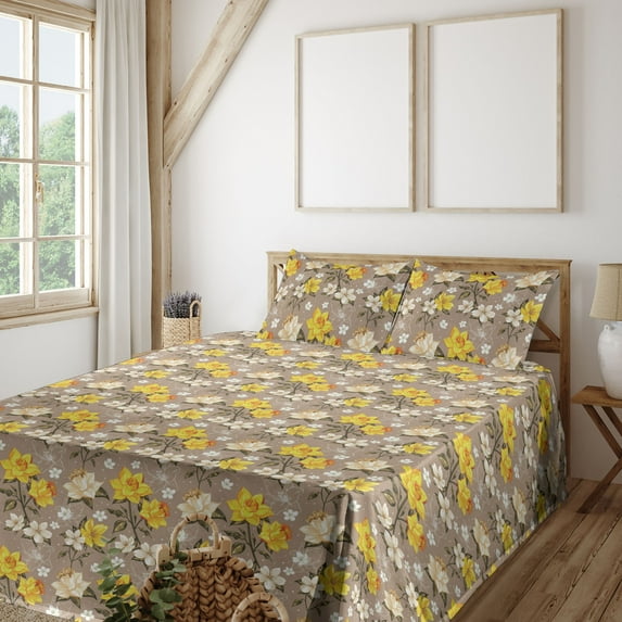 Ambesonne Narcissus Fitted & Flat Sheet with Shams 4 Pcs Set, Autumn Romance Floral Art, Full, Mustard Warm Taupe
