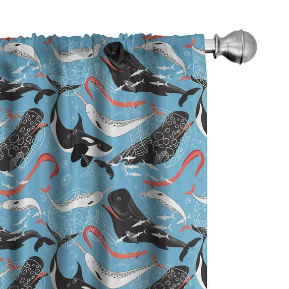 Ambesonne Narwhal Window Curtains, Arctic Ocean Fauna, Each 28" W x 95" L, Blue Dark Coral Black