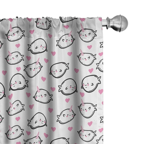 Ambesonne Narwhal Window Curtains, Doodle Style Whales, Each 28" W x 84" L, Pink Black White