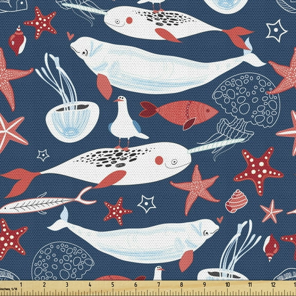 Ambesonne Narwhal Fabric by the Yard Upholstery, Fish Narwhal, 1 Yard, Royal Blue Pale Blue