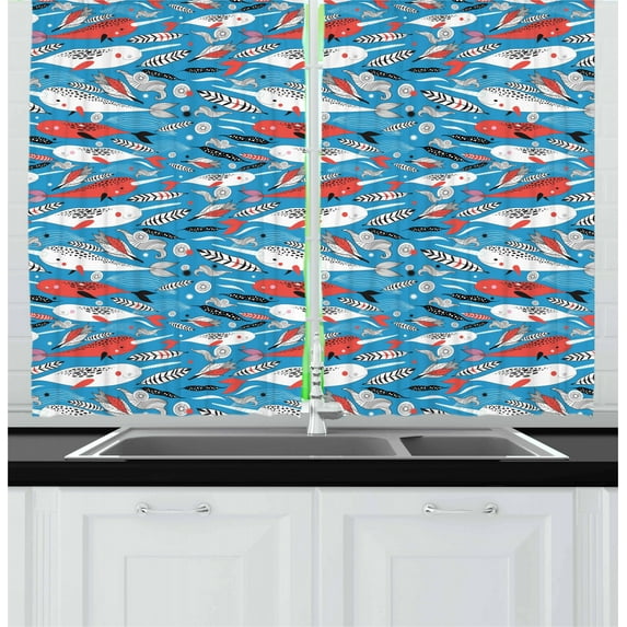 Ambesonne Narwhal Kitchen Curtains, Underwater Life Pattern, 55"x39", Multicolor