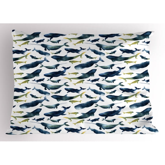 Ambesonne Narwhal Pillow Sham, Watercolor Mammals, 36" X 20", Dark Blue Yellow
