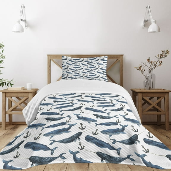 Ambesonne Narwhal Quilted Bedspread Set 2 Pcs, Aquerelle Ocean Whales, Twin Size, Dark Blue Navy Blue