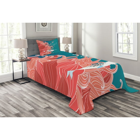 Ambesonne Narwhal Quilted Bedspread Set 2 Pcs, Arctic Whale and Bird, Twin Size, Teal Coral White