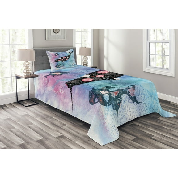Ambesonne Narwhal Quilted Bedspread Set 2 Pcs, Floral Whale and Fish, Twin Size, Multicolor