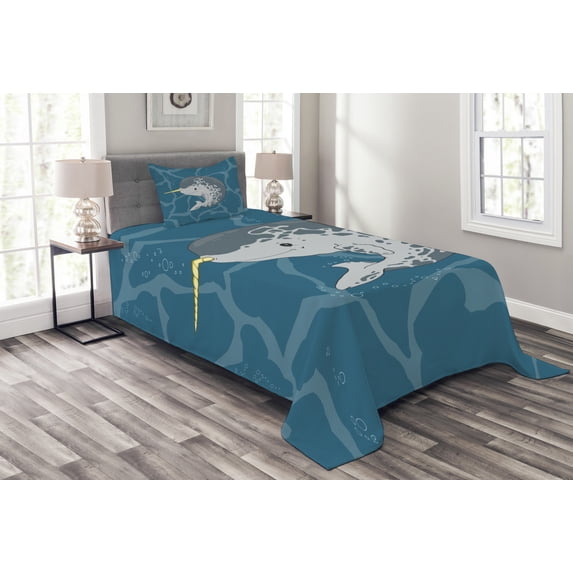 Ambesonne Narwhal Quilted Bedspread Set 2 Pcs, Happy Arctic Mammal, Twin Size, Multicolor