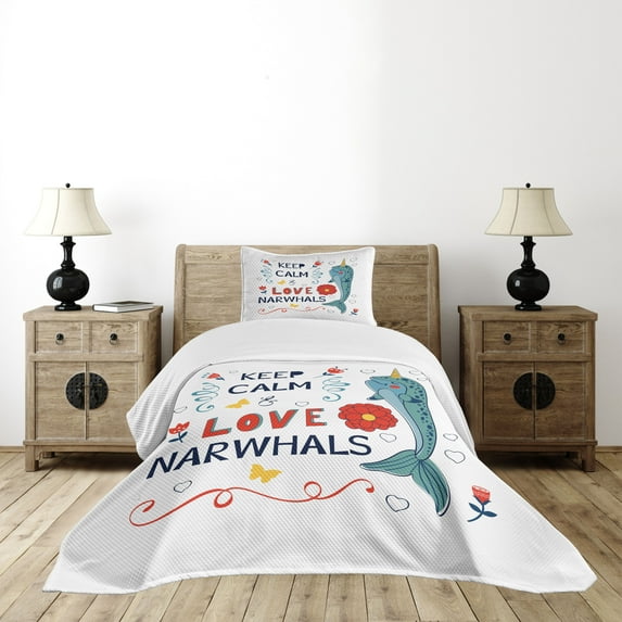 Ambesonne Narwhal Quilted Bedspread Set 2 Pcs, Pop Culture Phrase, Twin Size, Multicolor