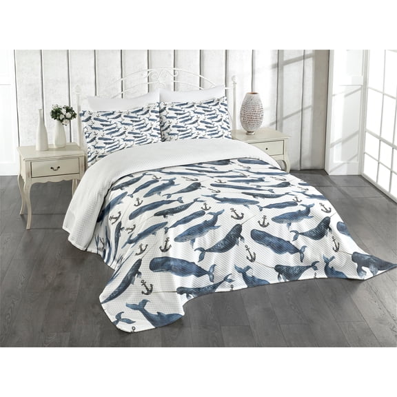Ambesonne Narwhal Quilted Bedspread Set 3 Pcs, Aquerelle Ocean Whales, King Size, Dark Blue Navy Blue