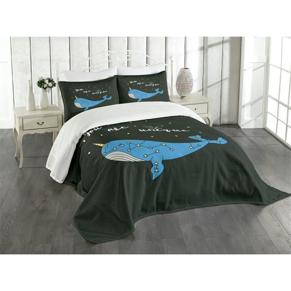 Ambesonne Narwhal Quilted Bedspread Set 3 Pcs, Cartoon Style Whale, King Size, Multicolor
