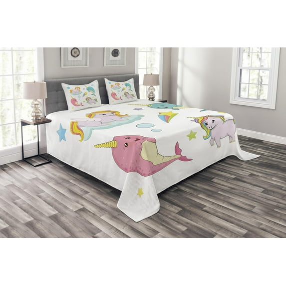 Ambesonne Narwhal Quilted Bedspread Set 3 Pcs, Colorful Rainbow Animal, King Size, Multicolor