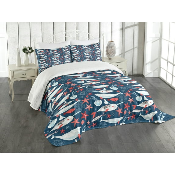 Ambesonne Narwhal Quilted Bedspread Set 3 Pcs, Fish Narwhal, King Size, Royal Blue Pale Blue