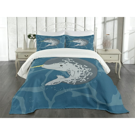 Ambesonne Narwhal Quilted Bedspread Set 3 Pcs, Happy Arctic Mammal, King Size, Multicolor