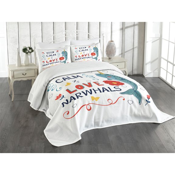 Ambesonne Narwhal Quilted Bedspread Set 3 Pcs, Pop Culture Phrase, King Size, Multicolor