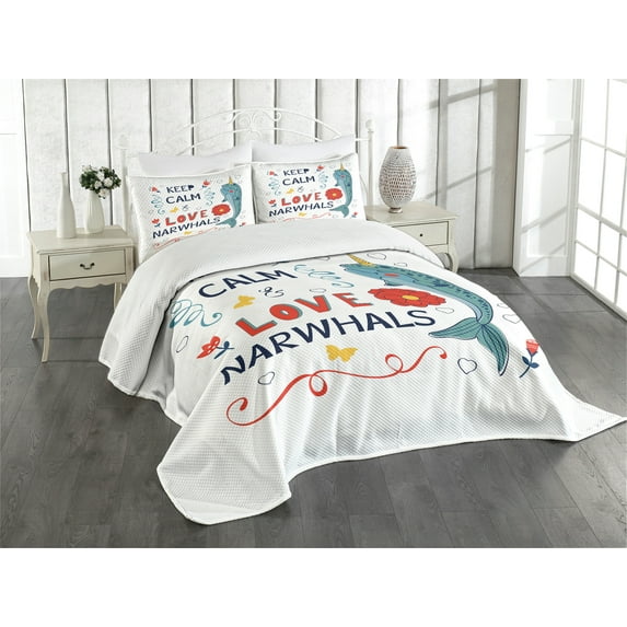 Ambesonne Narwhal Quilted Bedspread Set 3 Pcs, Pop Culture Phrase, King Size, Multicolor
