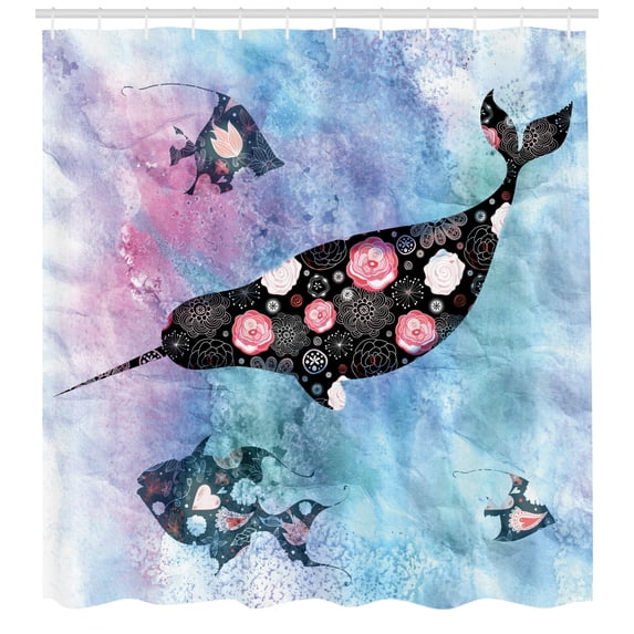 Ambesonne Narwhal Shower Curtain, Floral Whale and Fish, 69"Wx70"L, Multicolor