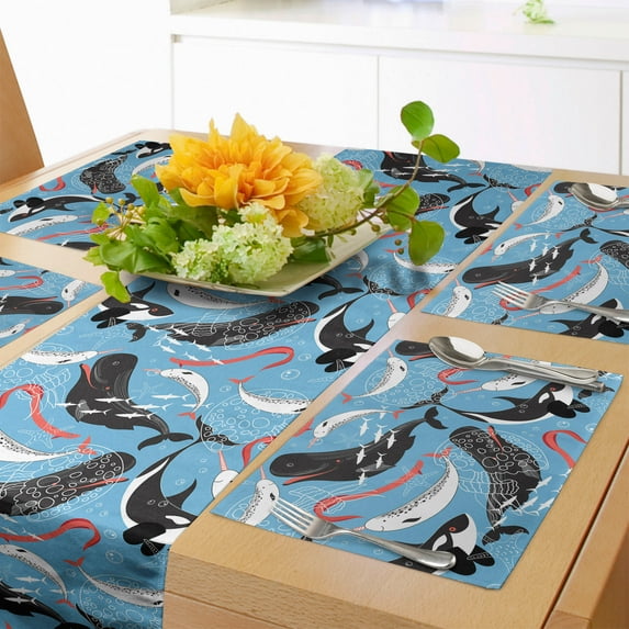 Ambesonne Narwhal Table Runner & Placemats, Arctic Ocean Fauna, Placemat 4 pcs + Runner 12"x72", Blue Dark Coral Black