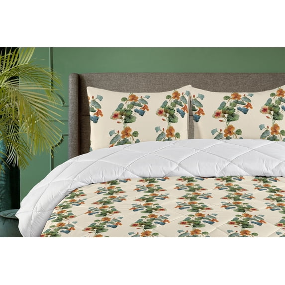 Ambesonne Nasturtium Down Alternative Quilt Comforter, Fantasy Jungle Artwork, Full, Jade Green Pastel Green