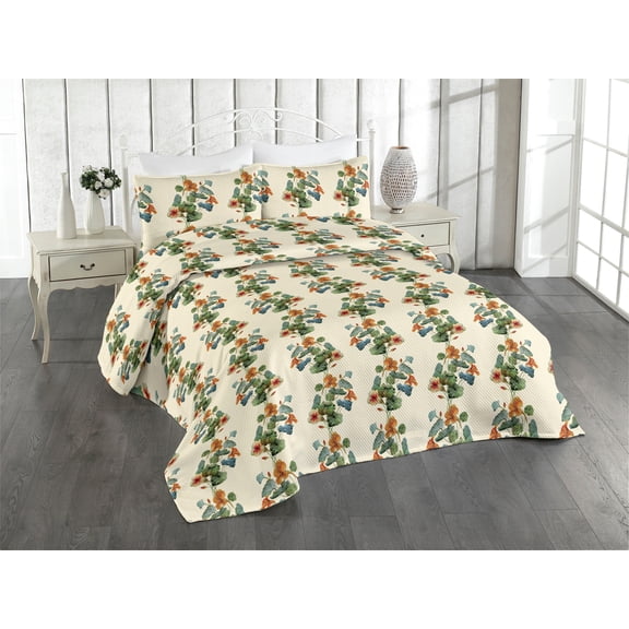 Ambesonne Nasturtium Quilted Bedspread Set 3 Pcs, Fantasy Jungle Artwork, Queen, Jade Green Pastel Green