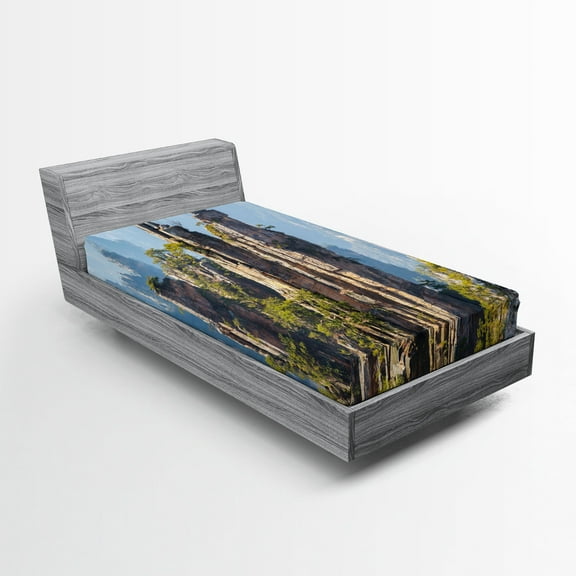 Ambesonne National Park Fitted Sheet, Wonders of World, Twin Size, Olive Green Pale Blue