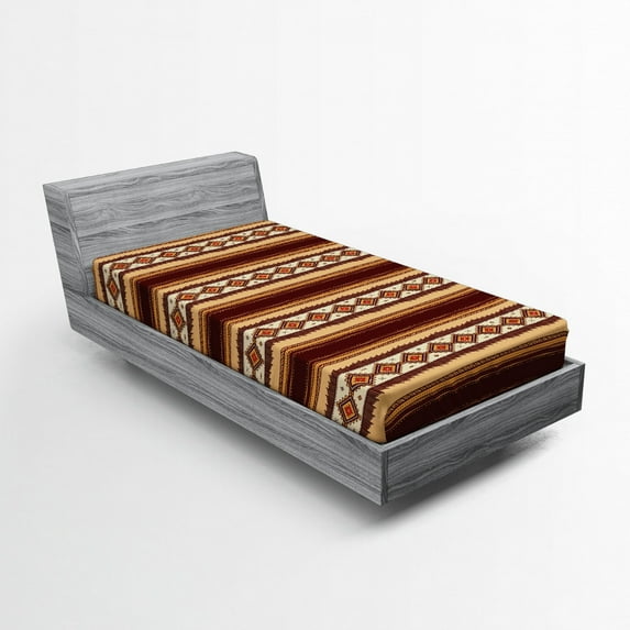 Ambesonne Native Fitted Sheet, Old American Motif, Twin Size, Maroon Beige Peach